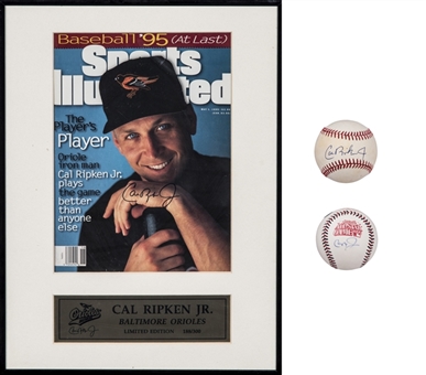 Lot of (3) Cal Ripken Jr Signed Collection Including 2 Baseballs & Framed Sports Illustrated Cover (Beckett)